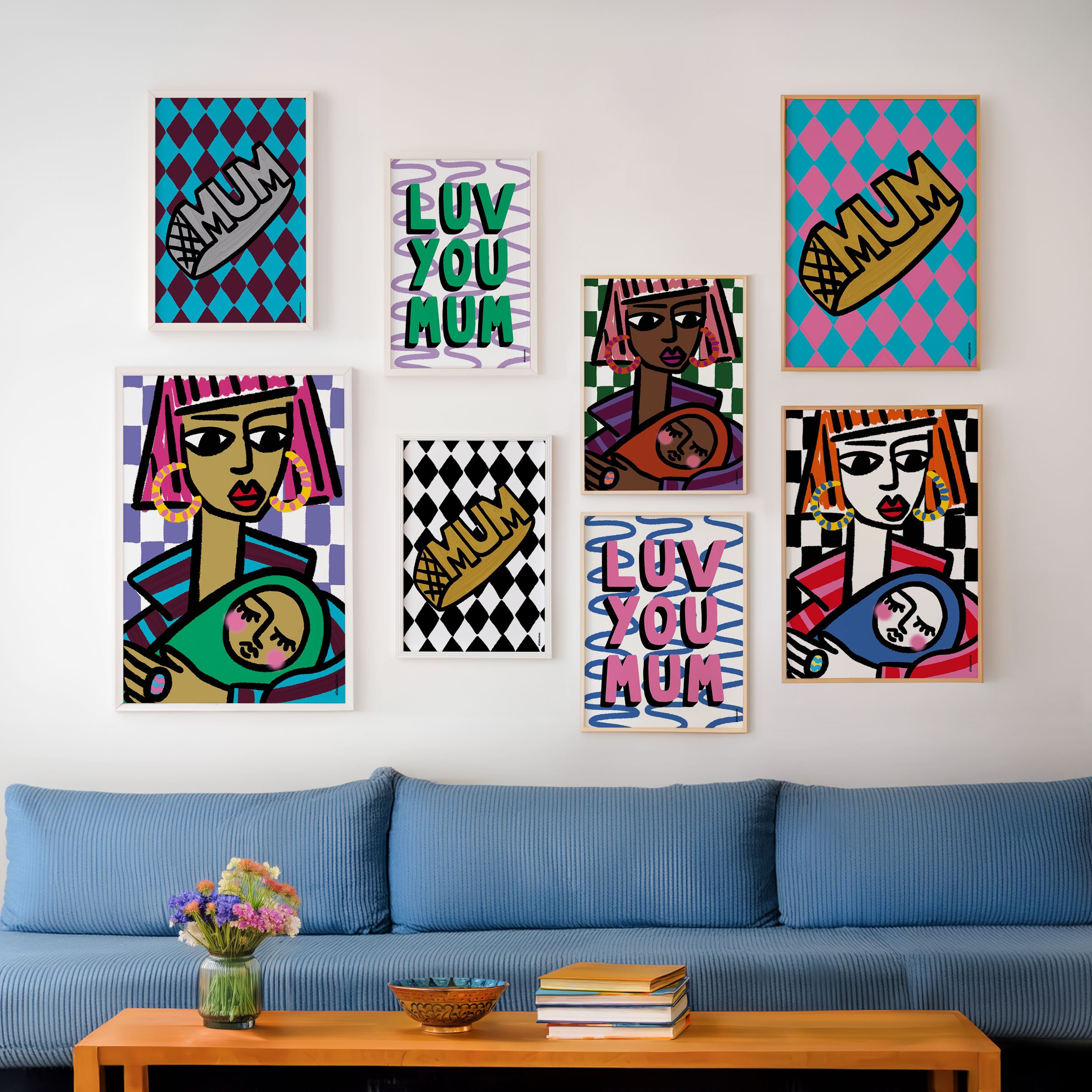 A vibrant gallery wall featuring three prints from the Mum Life collection, each showcasing a bold, pop-inspired design. The posters come in different colourways, that add a fun and modern touch, perfect for brightening up any space.