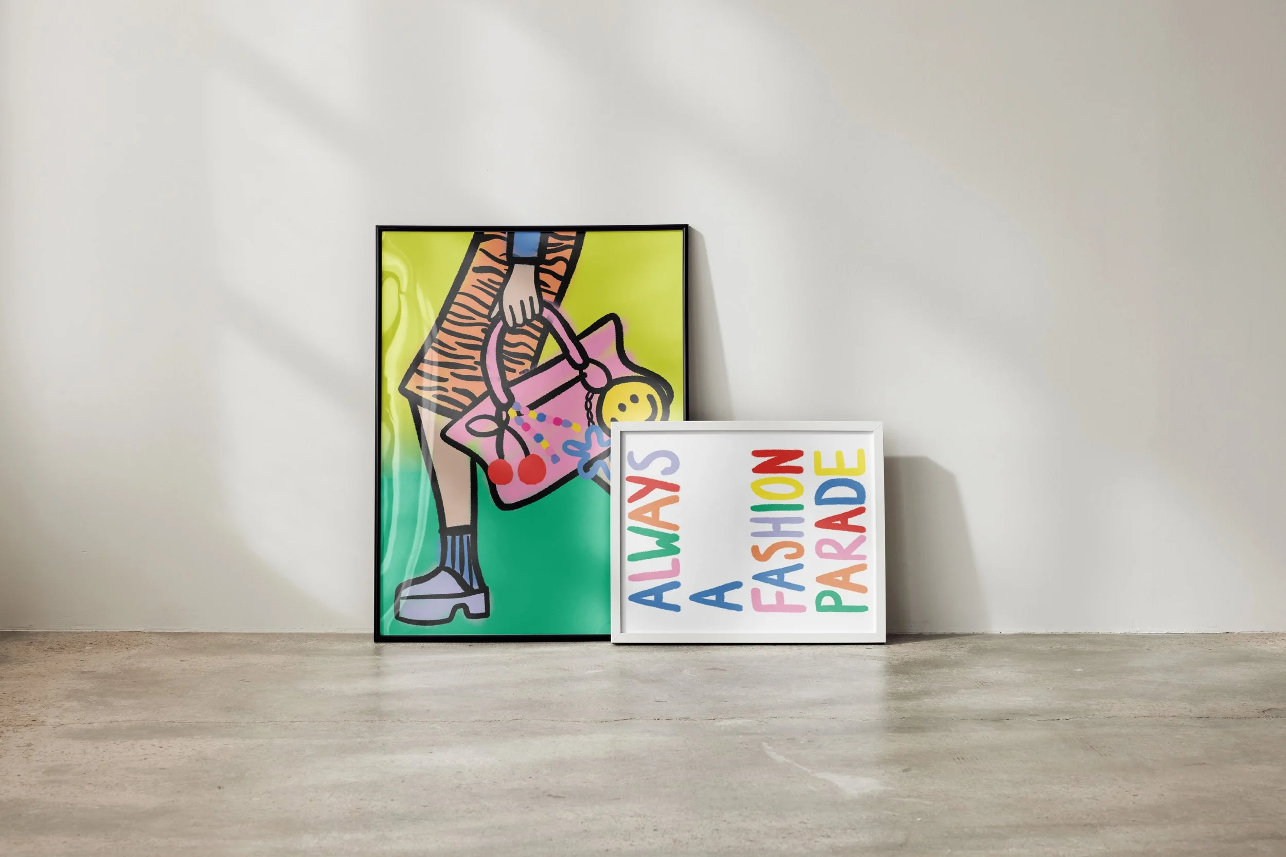 Street style Girl Playful Bag Charm illustration with Print in frame and always a fashion parade