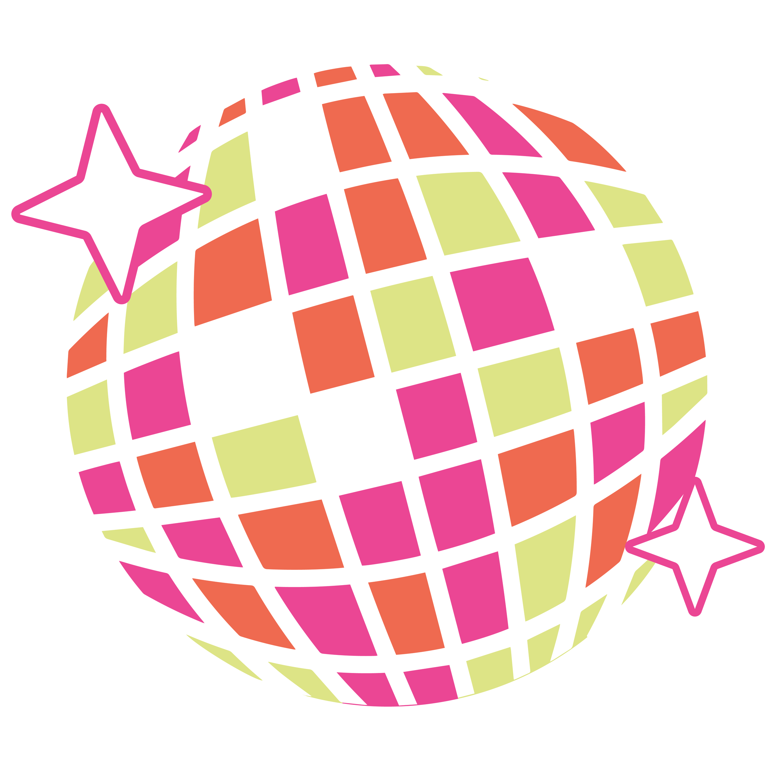 Colorful disco ball with pink stars on a black background.