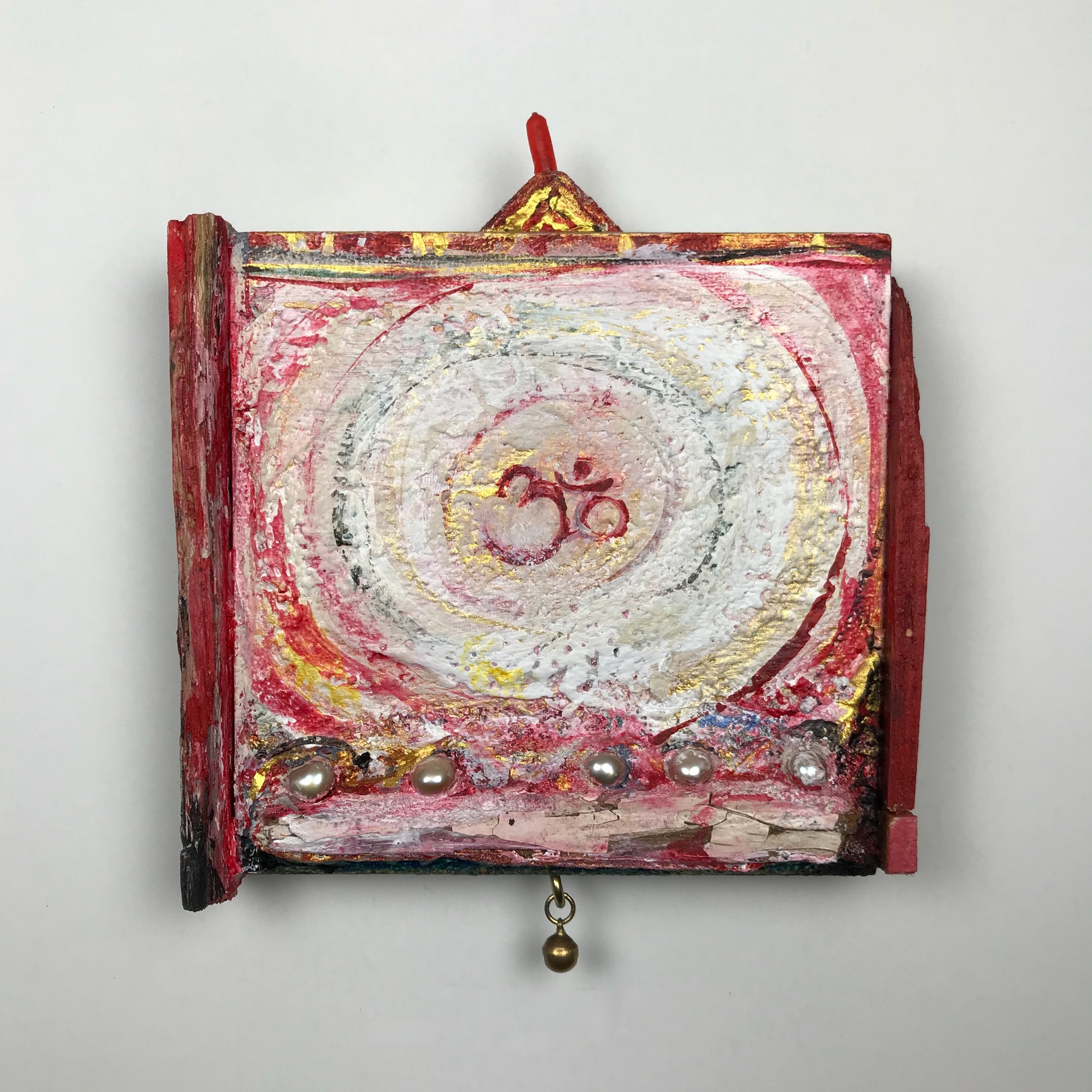 Laura-Trisiano-Om-2-5.5_hx4.5_wx1_d-one-of-a-kind-mixed-media-found-object-painting-art-reclaimed-upcycled-old-wood-freshwater-pearls-red-plastic-finial-paint- aum-mantra-universal-sound-sacr.jpeg
