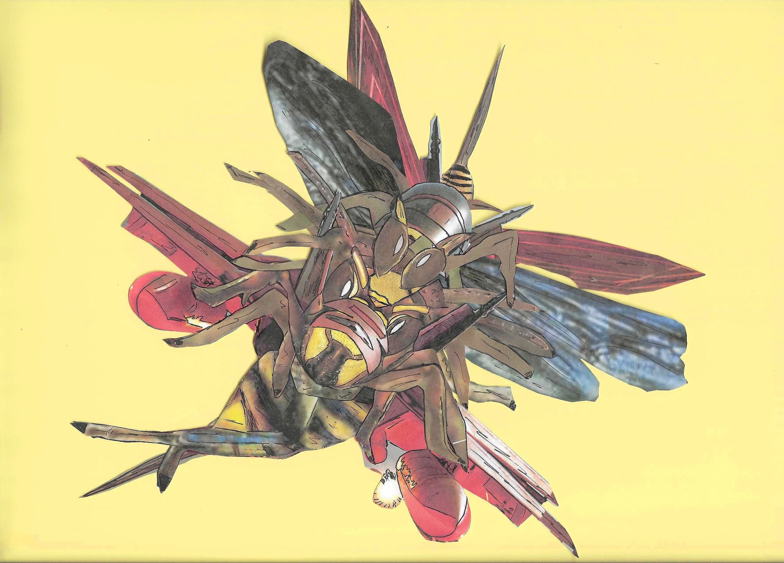 Illustration of a fly with robot parts, detailed with black, yellow, and red colors on a yellow background.
