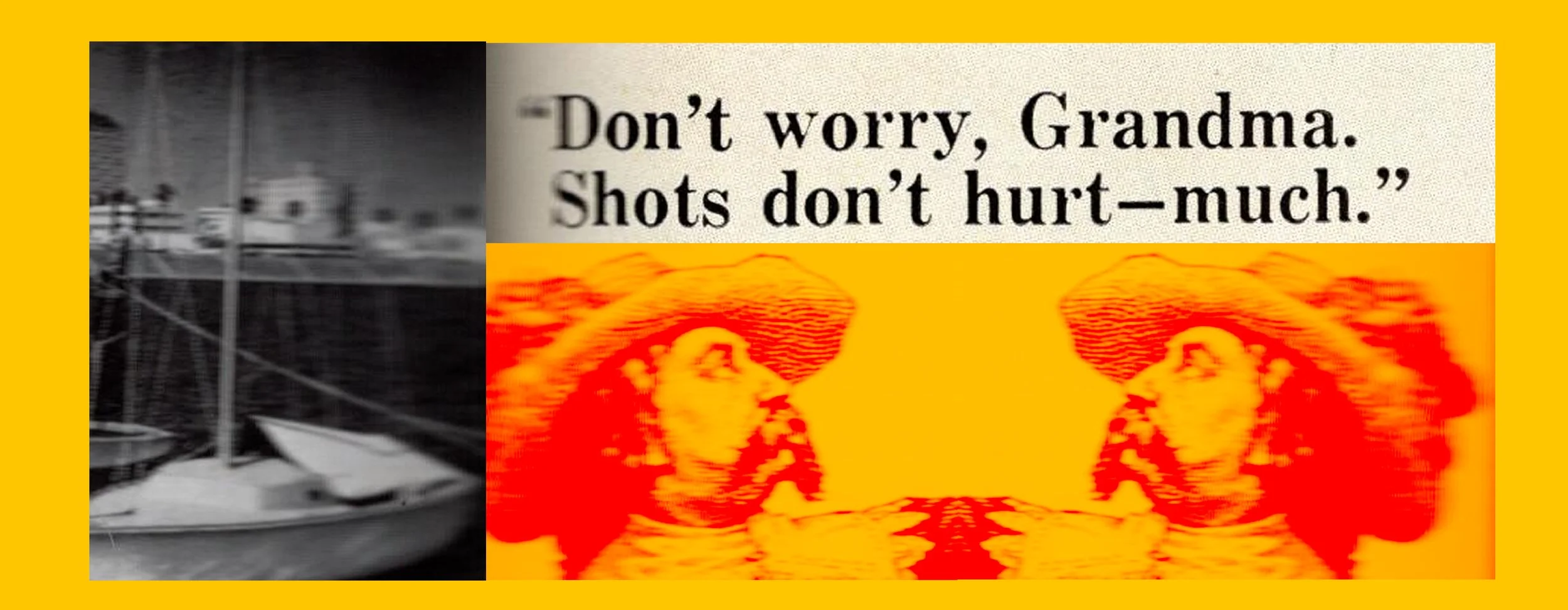 Mixed collage with a black and white photo of boats and a dock, a quote about shots and healing, and a mirrored, stylized image of a woman with a hat in orange and yellow.