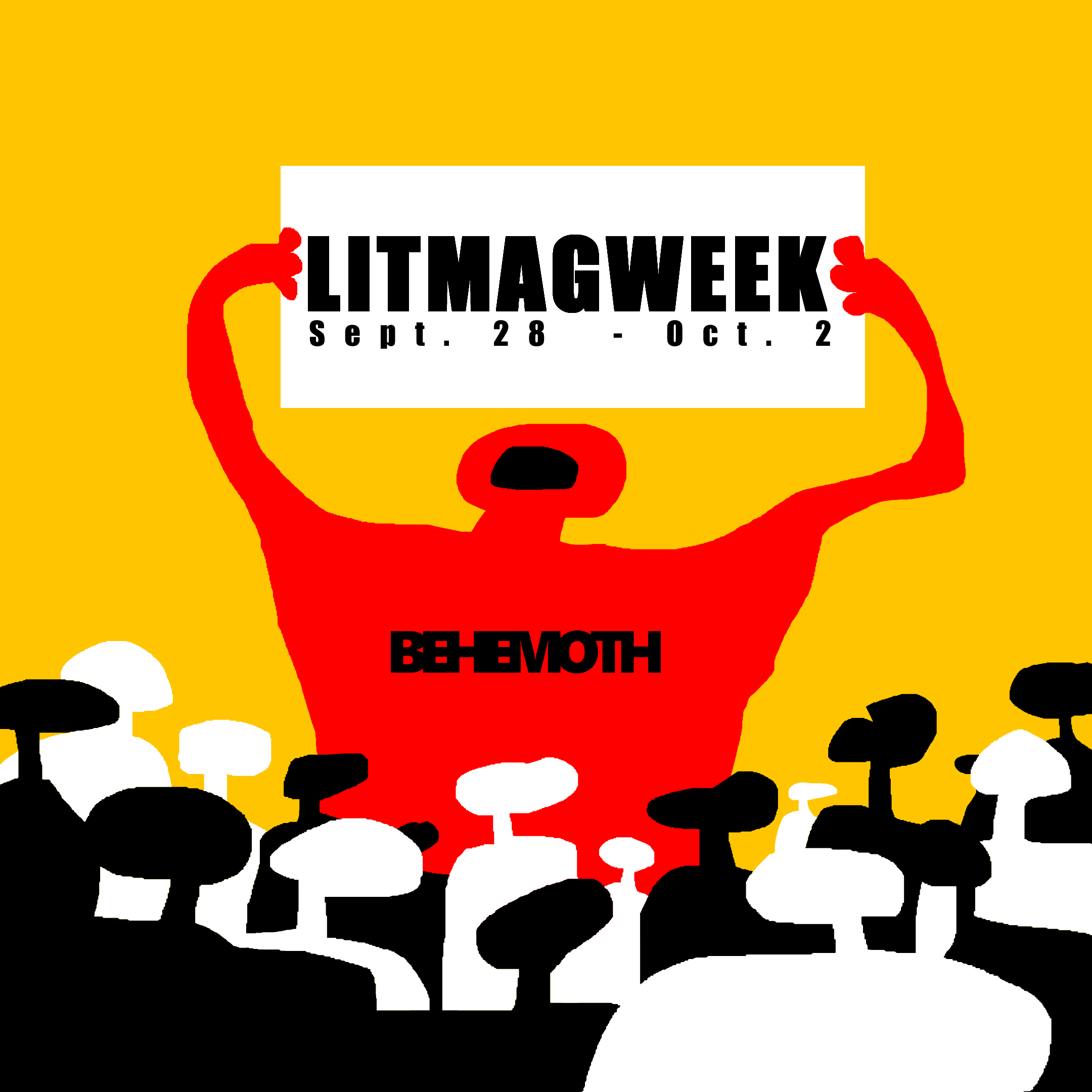 A person is holding a sign that reads 'LITMAGWEEK Sept. 28 - Oct. 2' with yellow background, red arms, and black, white, and red abstract dots around.