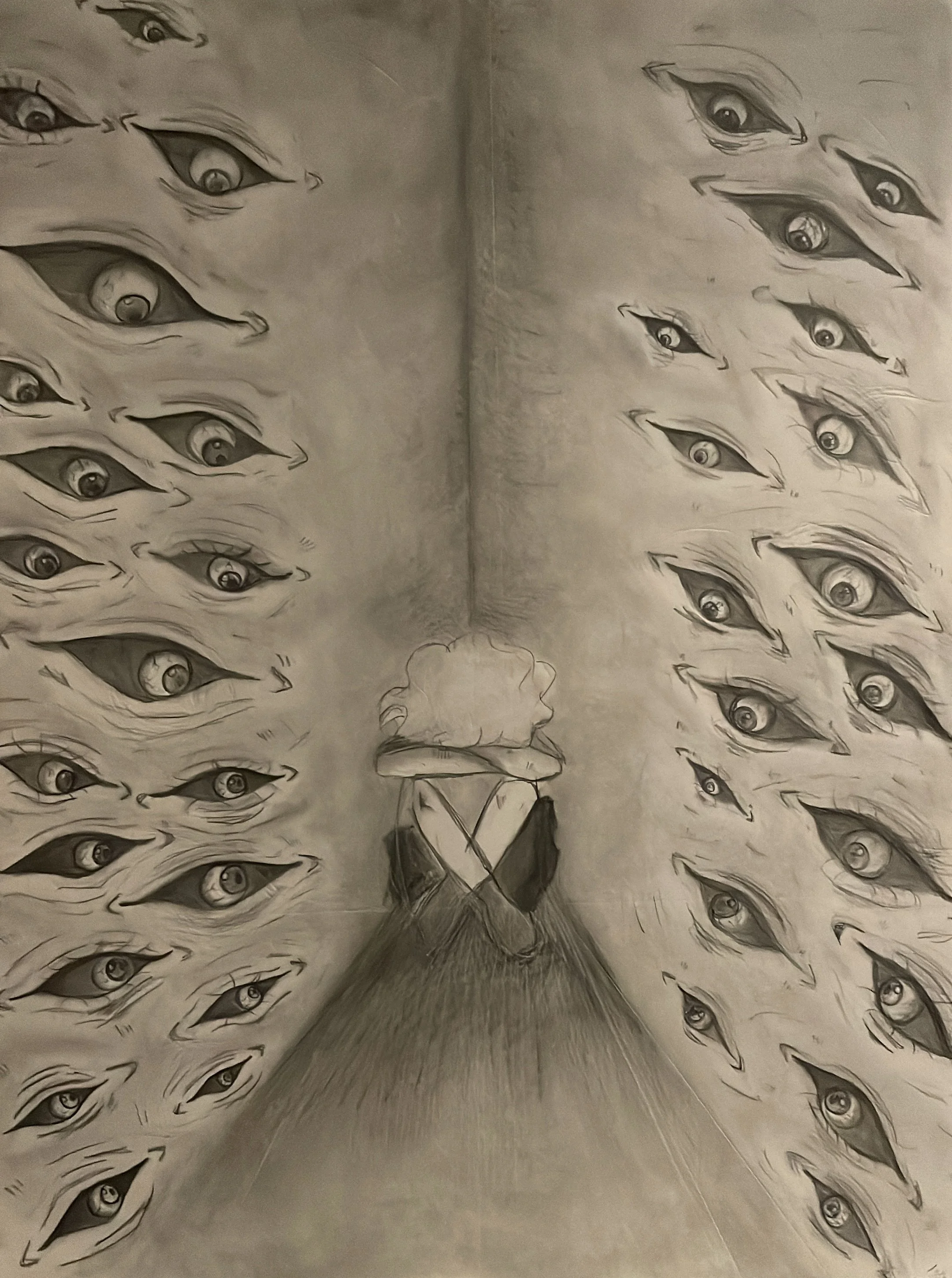 A black and white drawing of a person with curly hair sitting cross-legged on the floor in a corner, surrounded by multiple eyes on the walls, looking in various directions.