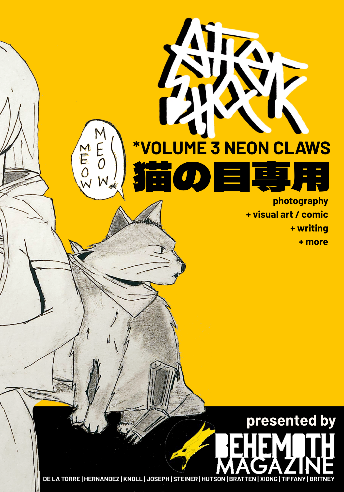 An illustrated cover for Behemoth Magazine featuring a drawing of a cat sitting next to a person with a backpack. The background is yellow with graffiti-style text at the top, and various text elements advertising content related to photography, visual art, comics, and writing.