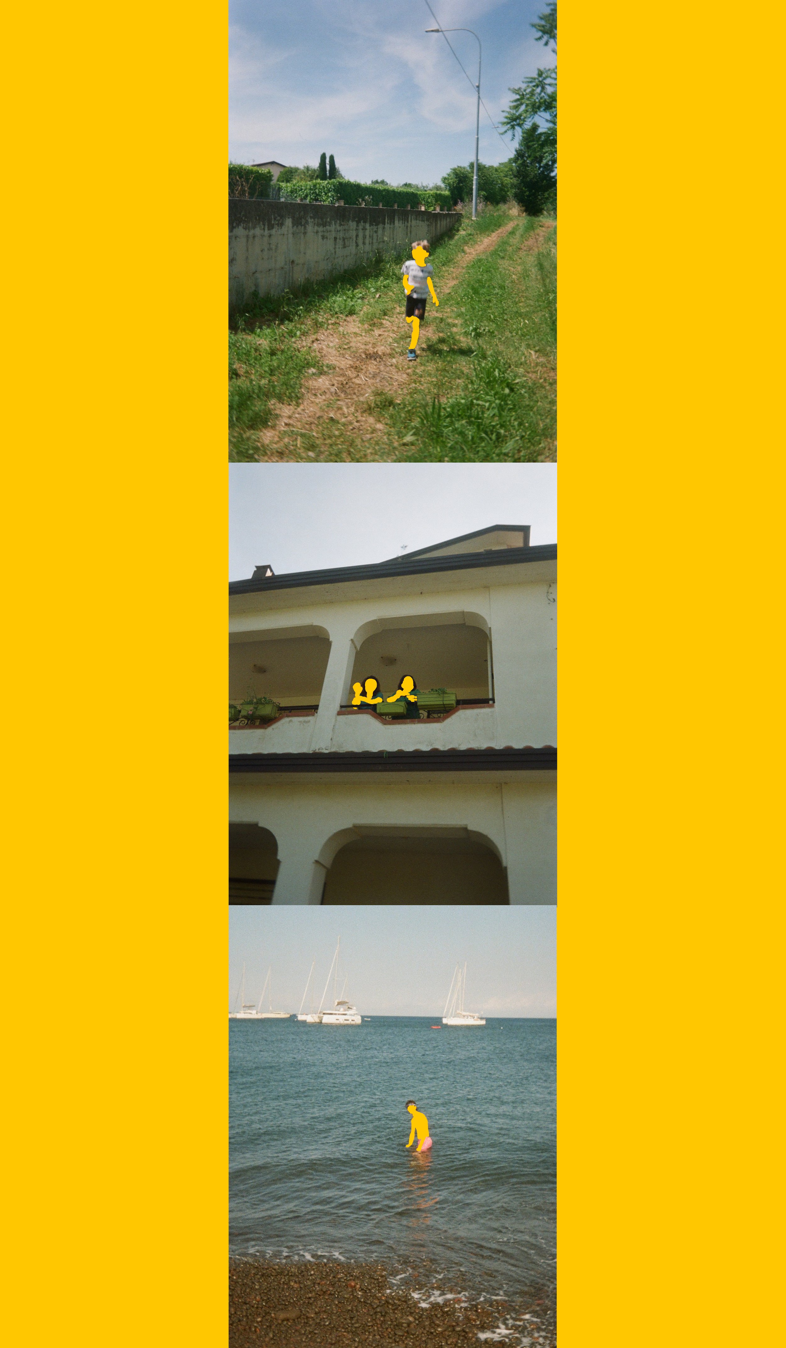 Three photos vertically aligned within yellow borders. The top photo shows a boy running on a grassy dirt path beside a concrete wall, under a blue sky. The middle photo depicts a white building with balconies and potted plants. The bottom photo features a girl wading into the water at a beach with sailboats and yachts in the background.