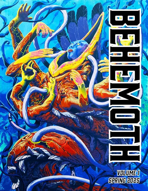 Colorful, surreal artwork of a blue-skinned woman with multiple masks, plant elements, and tentacle-like appendages surrounding her, with the text "WONDER" and details about a publication volume and season.