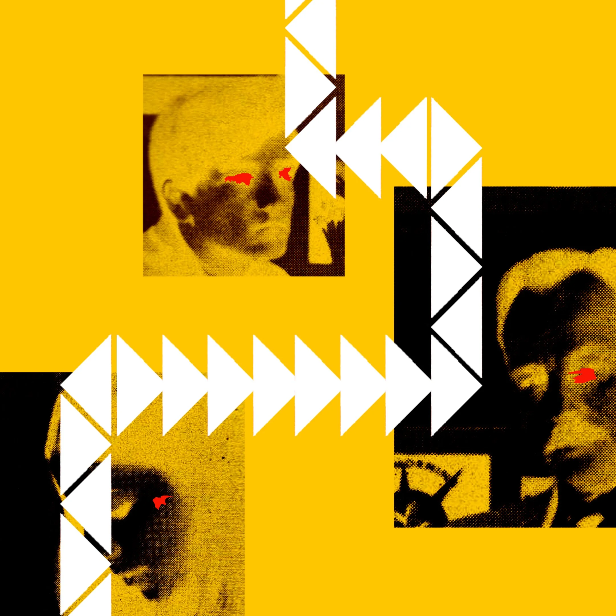 Abstract digital art with three black and white pictures of people's faces with red eyes, over a yellow background, with white and black geometric arrow shapes connecting the images.