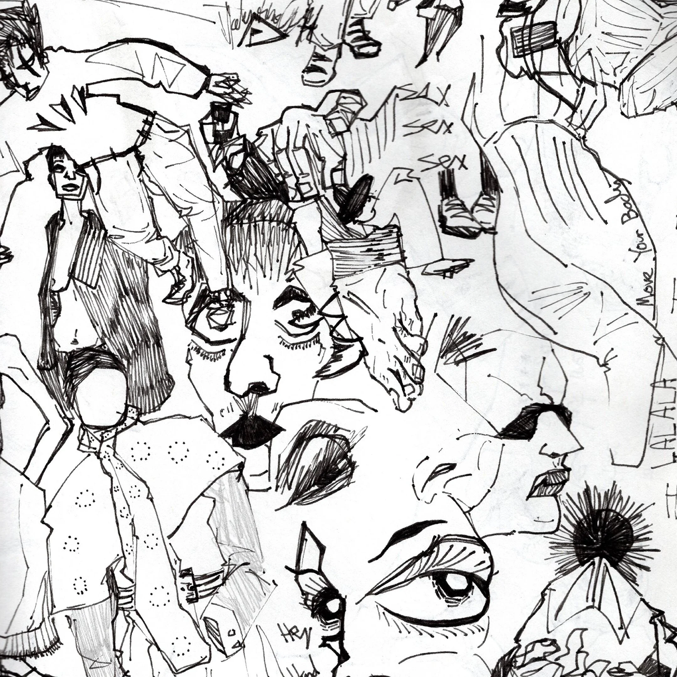 A black and white sketch featuring multiple overlapping faces, hands, and figures with expressive details.