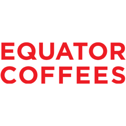 Logo of Equator Coffees with red text on a black background.