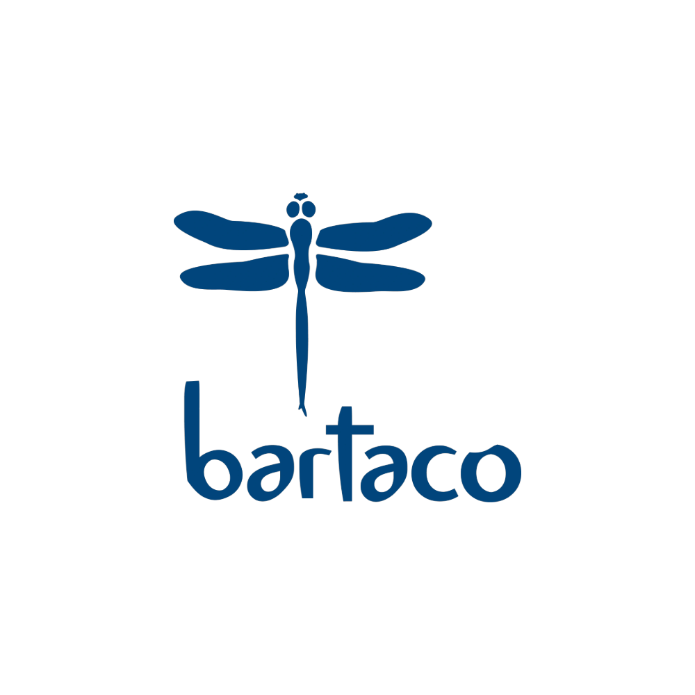 A logo featuring a dark blue dragonfly above the word "bartaco" in lowercase letters.