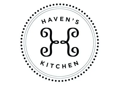 Logo for Haven's Kitchen featuring the name within a dotted circle.