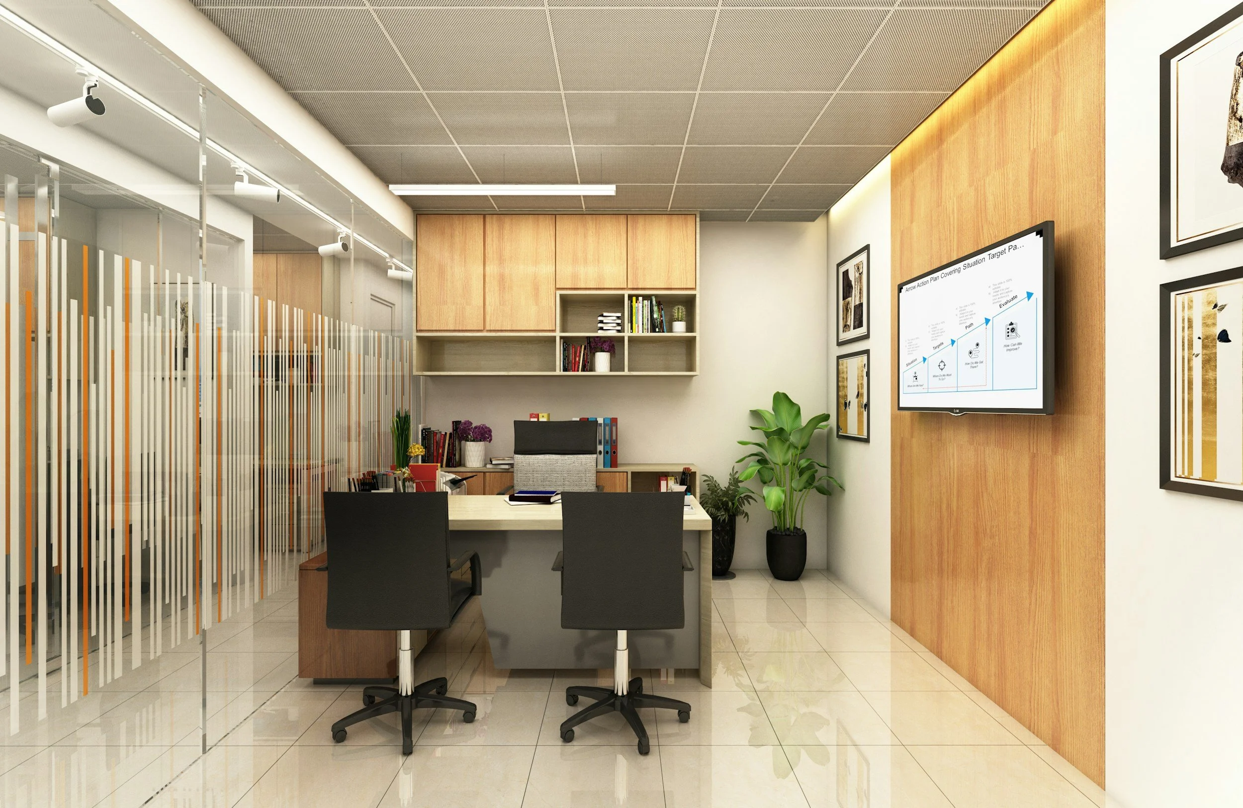 Modern office meeting room with a white desk, four black chairs, wall-mounted screen displaying a presentation, wooden cabinetry, framed art on walls, and plants.