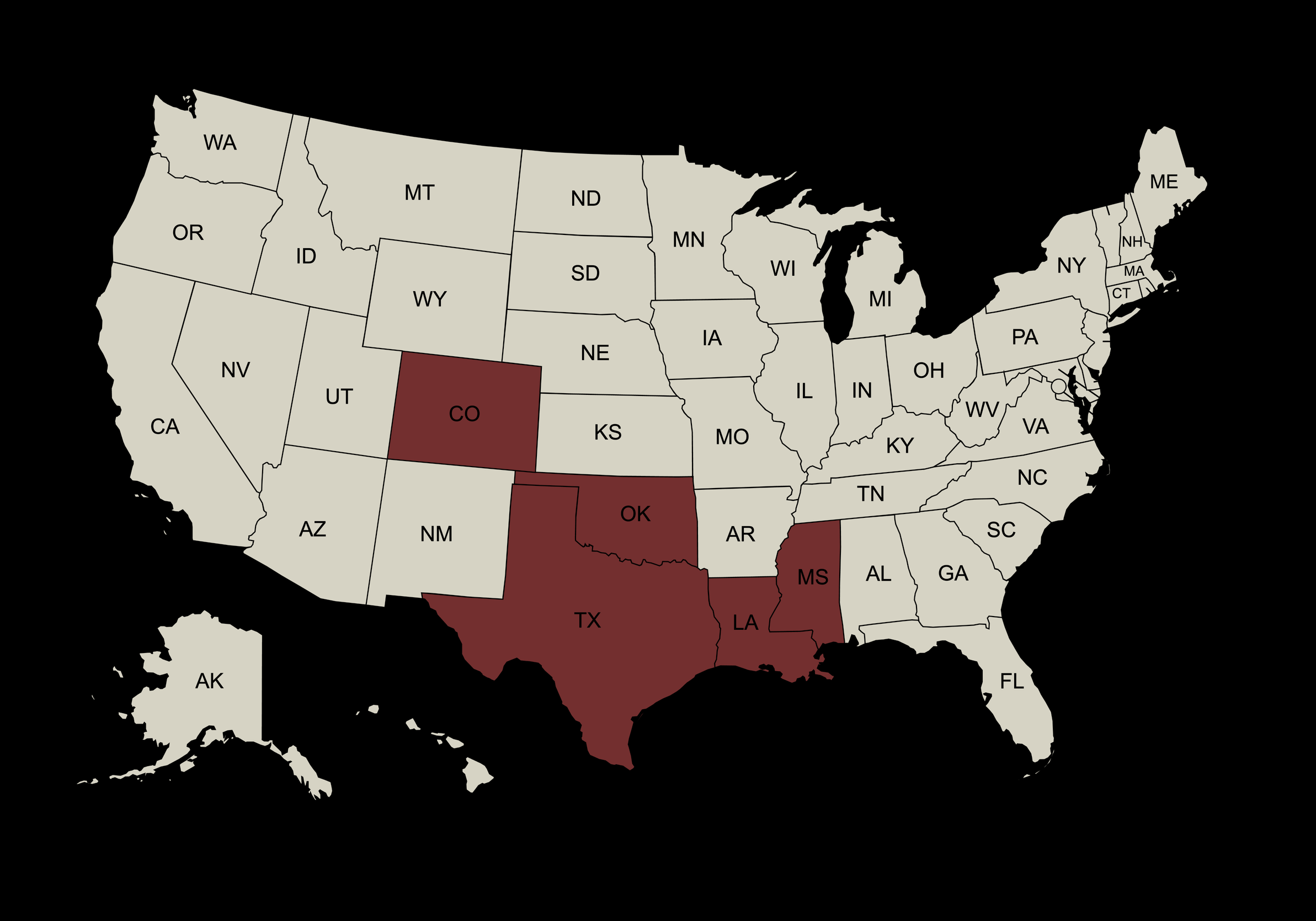 Map of the United States with certain states highlighted in dark red.