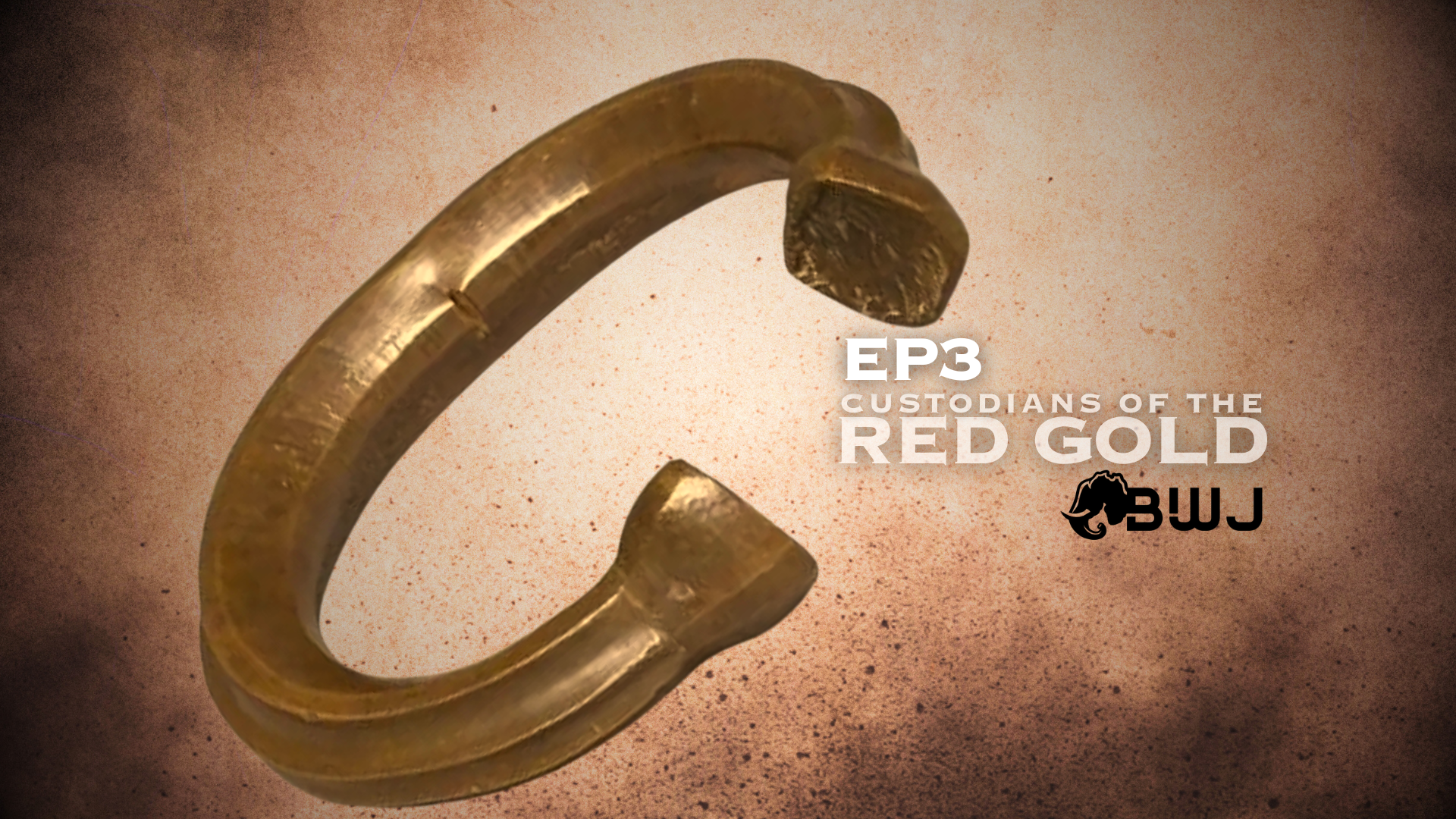 Close-up of a golden bonobo ape-shaped zipper pull with text overlay that says "EP3 Custodians of the Red Gold" and a logo with a stylized ape face and the initials "BWJ".