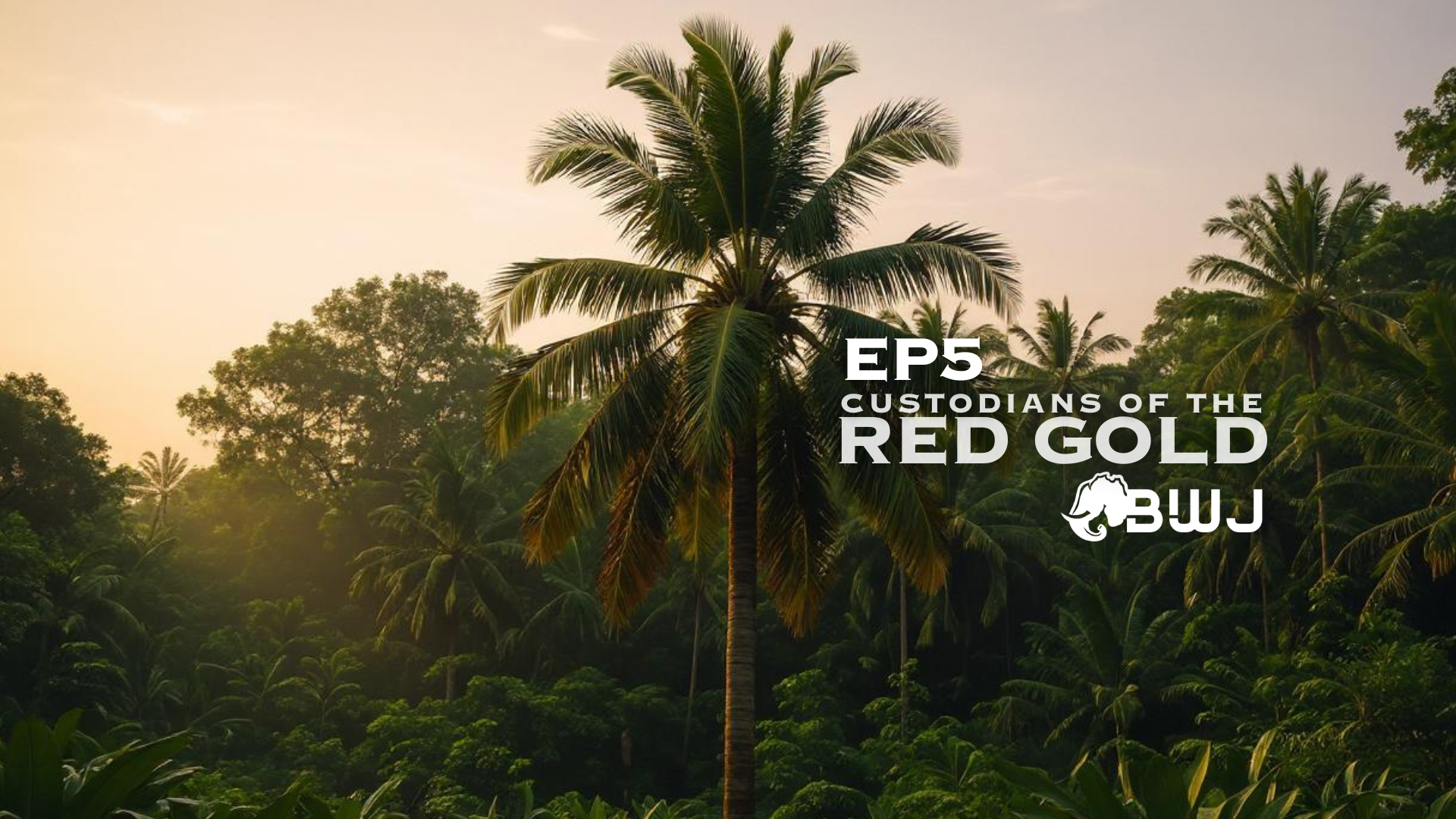 Sunset over a dense jungle with tall palm trees, with text overlay reading 'EP5 Custodians of the Red Gold' and a buffalo logo.