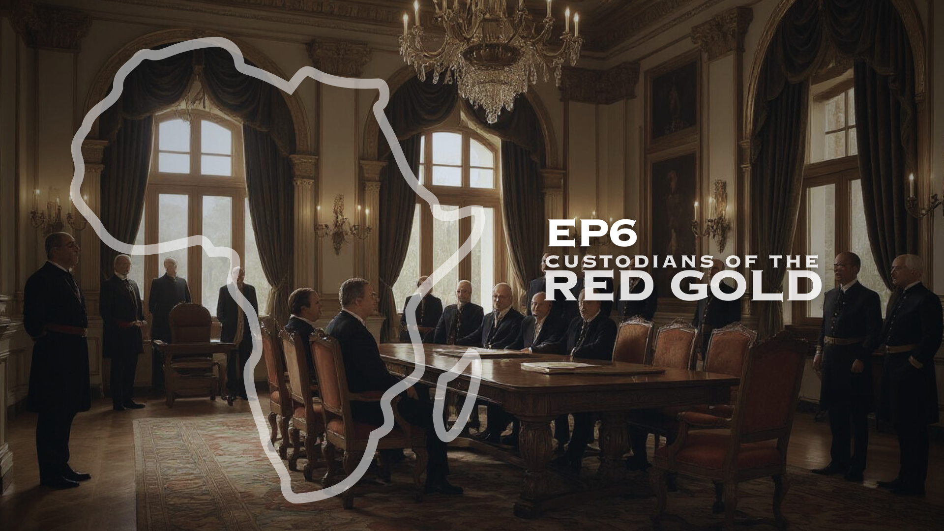 A formal meeting in an ornate room with high windows, elegant drapes, and a chandelier. Eleven men in military or official uniforms are seated or standing around a large wooden table. An outline of the African continent is superimposed on the left si