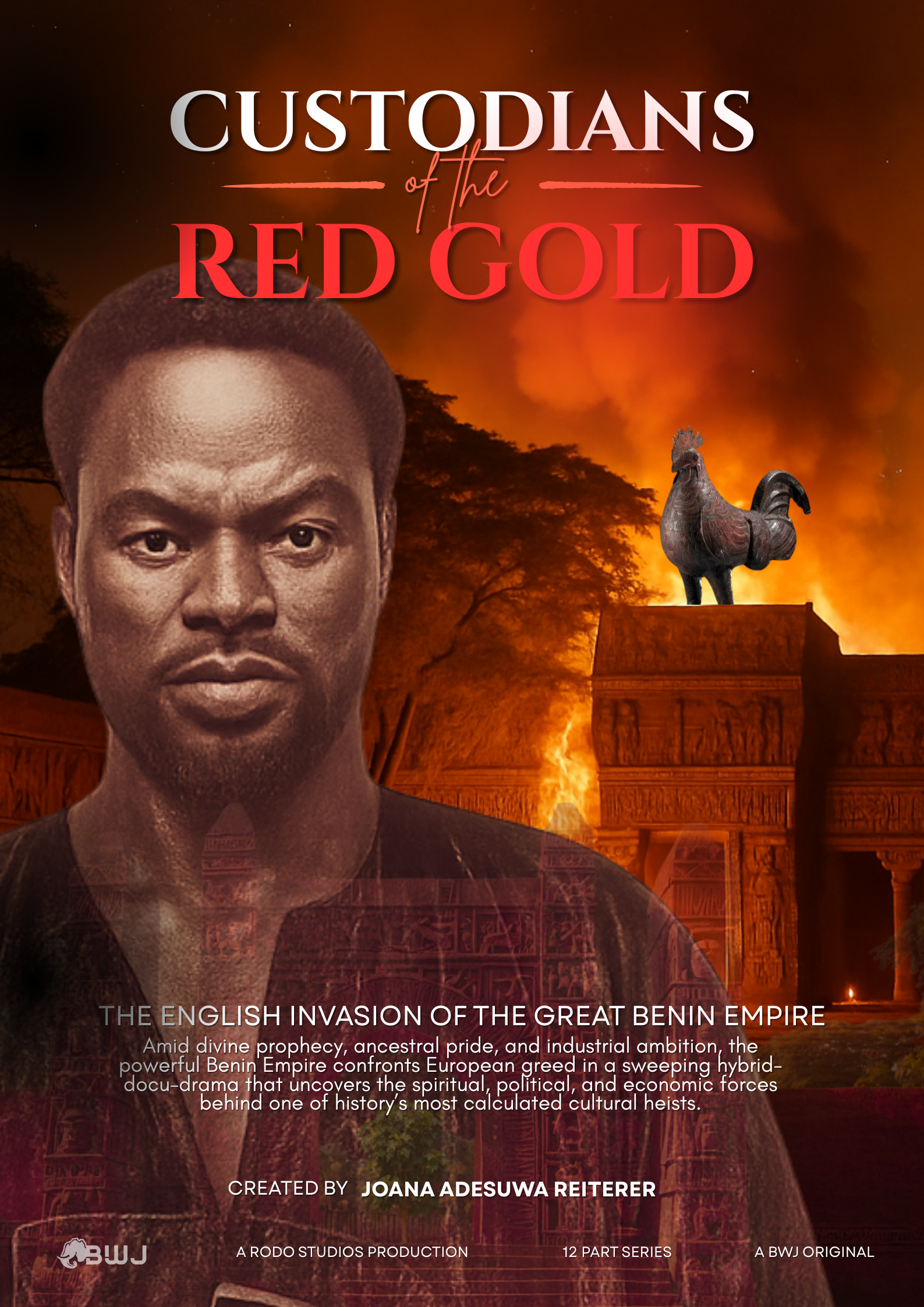 Book cover titled "Custodians of the Red Gold" showing a man with a serious expression, a burning landscape in the background, an ancient Benin Empire city gate, and a rooster sculpture on top of the gate.