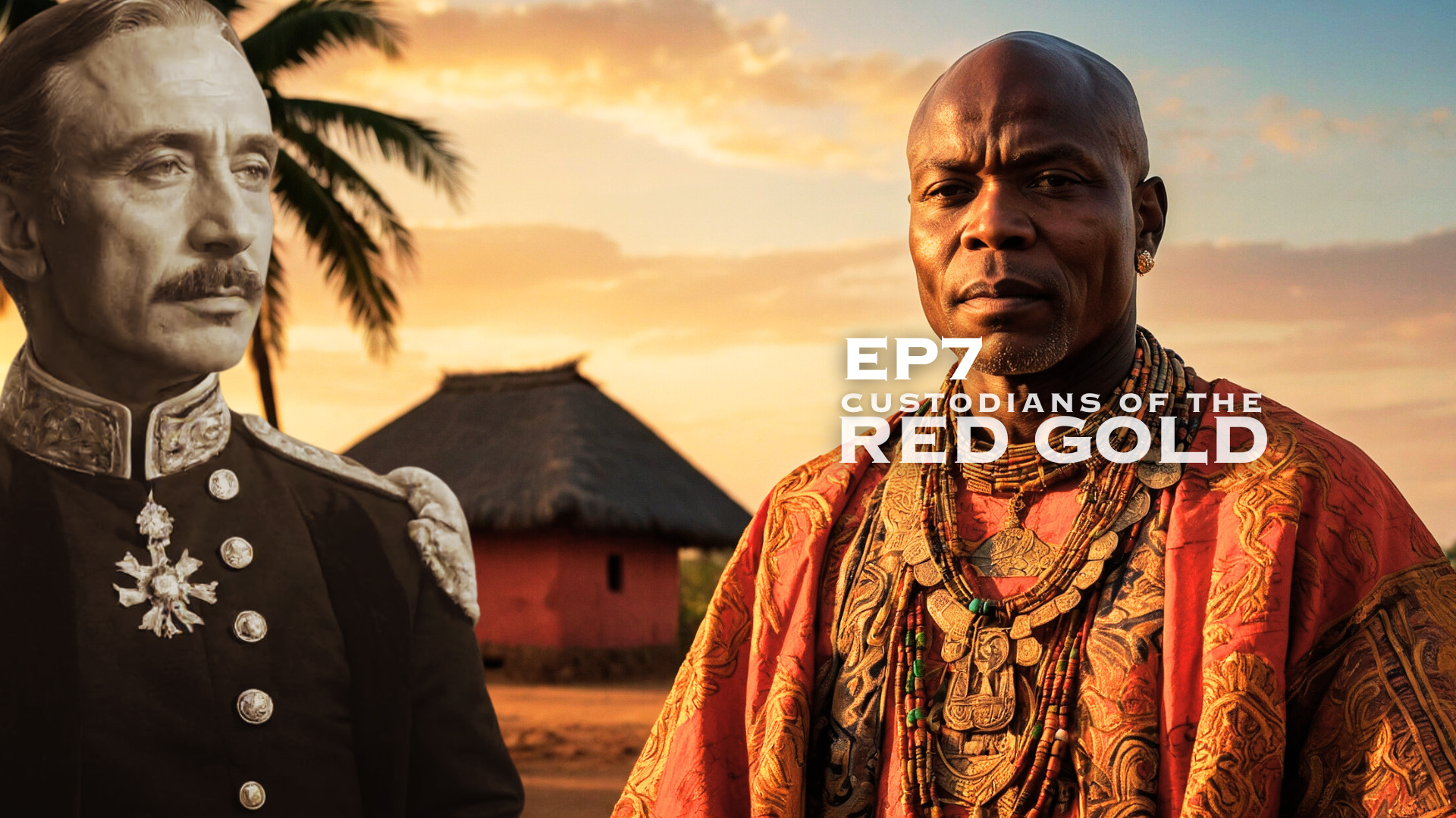 A split image showing a man in traditional attire with jewelry, and a digitally edited black-and-white portrait of an older man in a military uniform with medals, against a sunset background with a thatched building and palm trees. Text overlaid read
