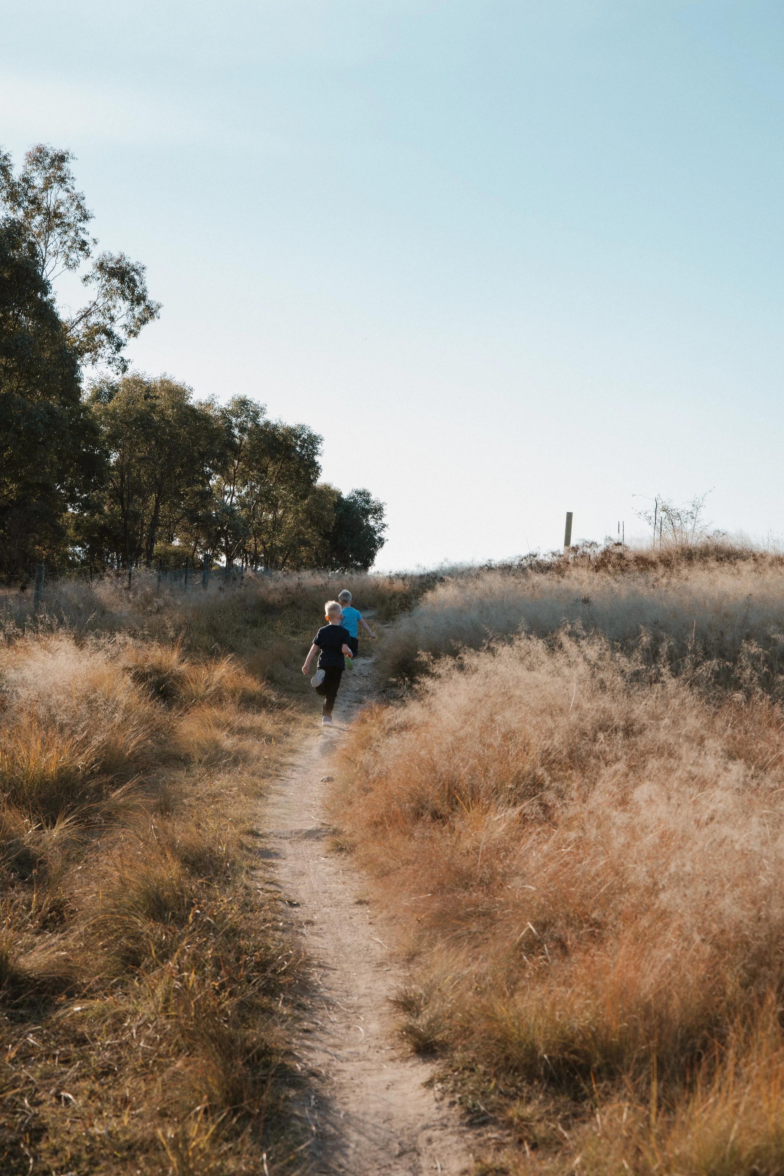 Two children running on a dirt path through tall grass with trees in the background under a clear blue sky.