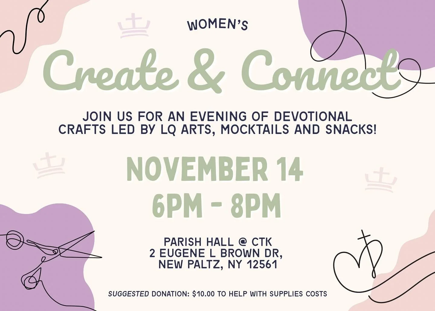 Explore your faith and creativity with the women of Christ the King! Art activities will be hosted by our resident artist Lindsay Quayle (@for_his_glory_art).

Register on the sign up sheet outside the Nave or use the link below!
https://www.eventbri
