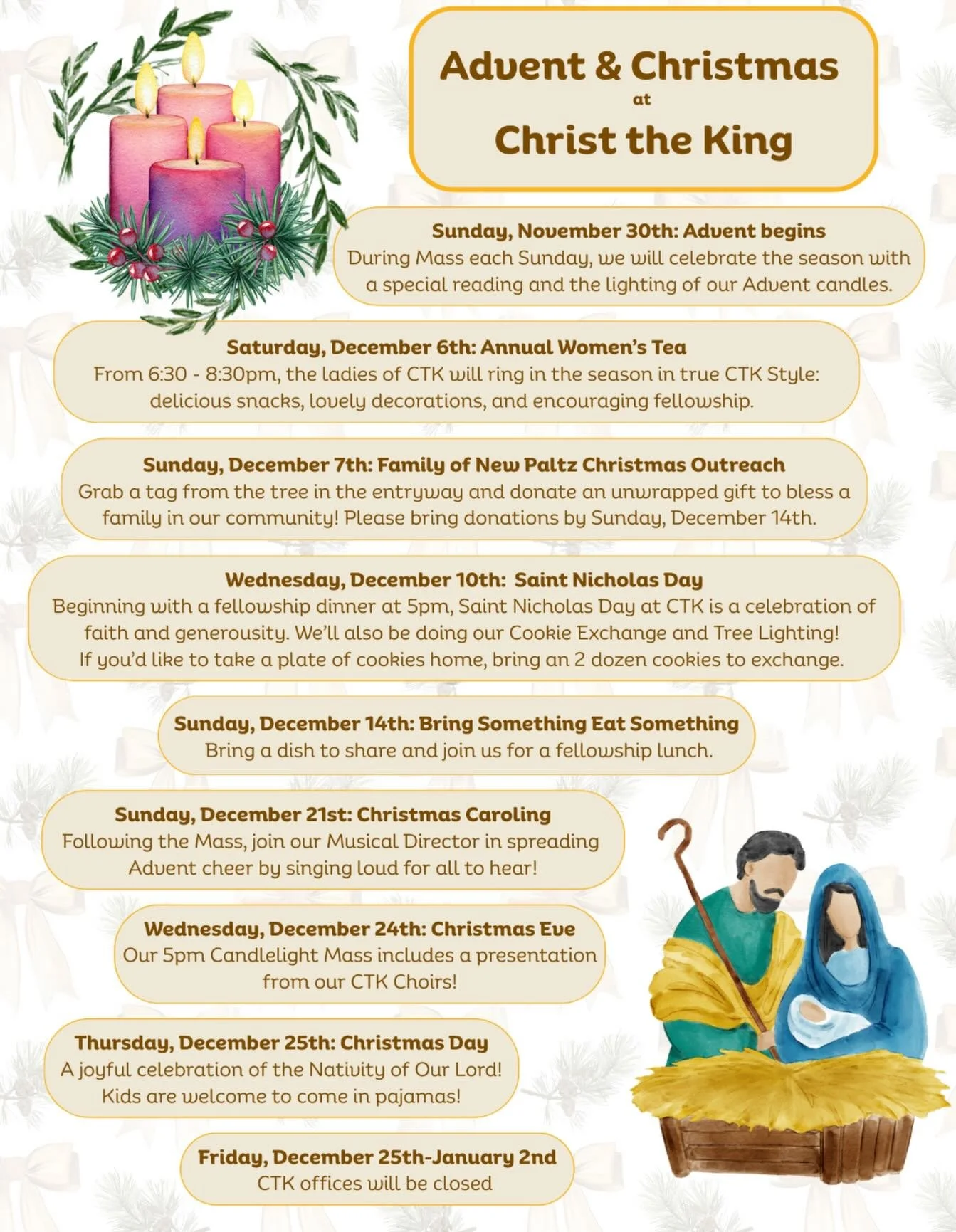 &ldquo;The voice of one crying in the wilderness: &lsquo;Prepare the way of the Lord; Make His paths straight.&rdquo; ~Mark 1:3

Join us this Advent and Christmas as we gather in worship, generosity, and joyful celebration of Christ&rsquo;s birth. Al