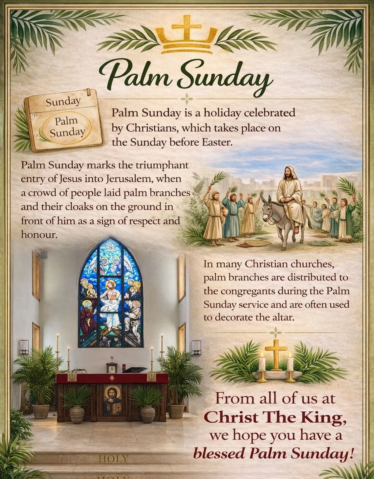 From all of us at Christ The King, we wish you a blessed Palm Sunday 🌿
May your day be filled with peace, reflection, and faith as we begin Holy Week.