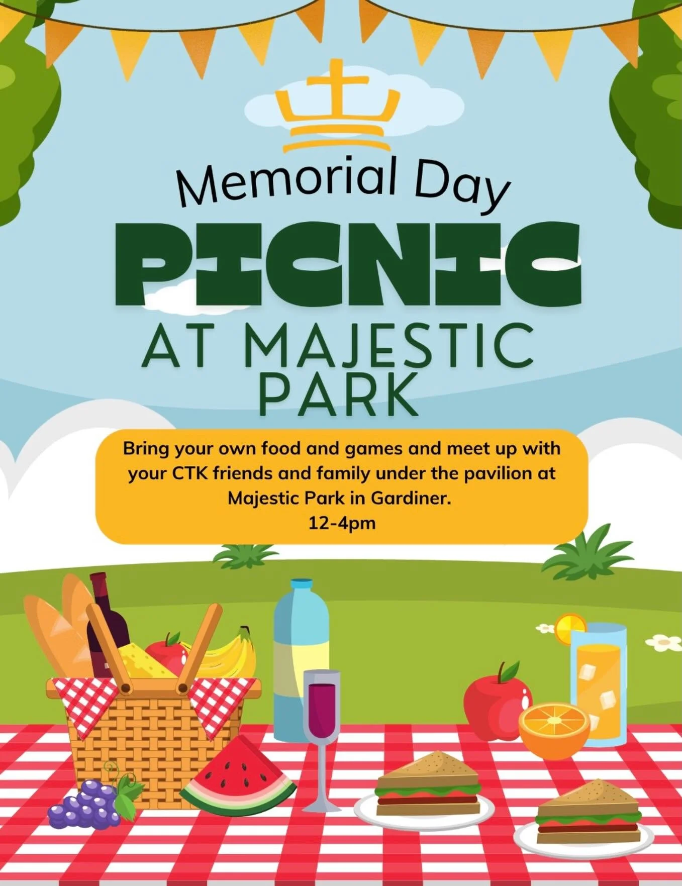 Join us for a Memorial Day picnic at Majestic Park! ☀️🧺
Bring your favorite food, games, chairs, and enjoy an afternoon of fellowship with our CTK family under the pavilion in Gardiner. ❤️

📍 Majestic Park, Gardiner
🕛 12&ndash;4 PM

We can&rsquo;t