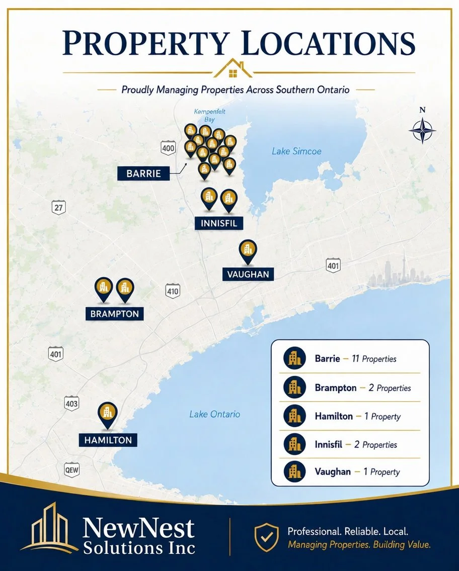 Map showing property locations managed by NewNest Solutions Inc. across southern Ontario, including Barrie, Brampton, Hamilton, Innisfil, and Vaughan, near lakes and highways.