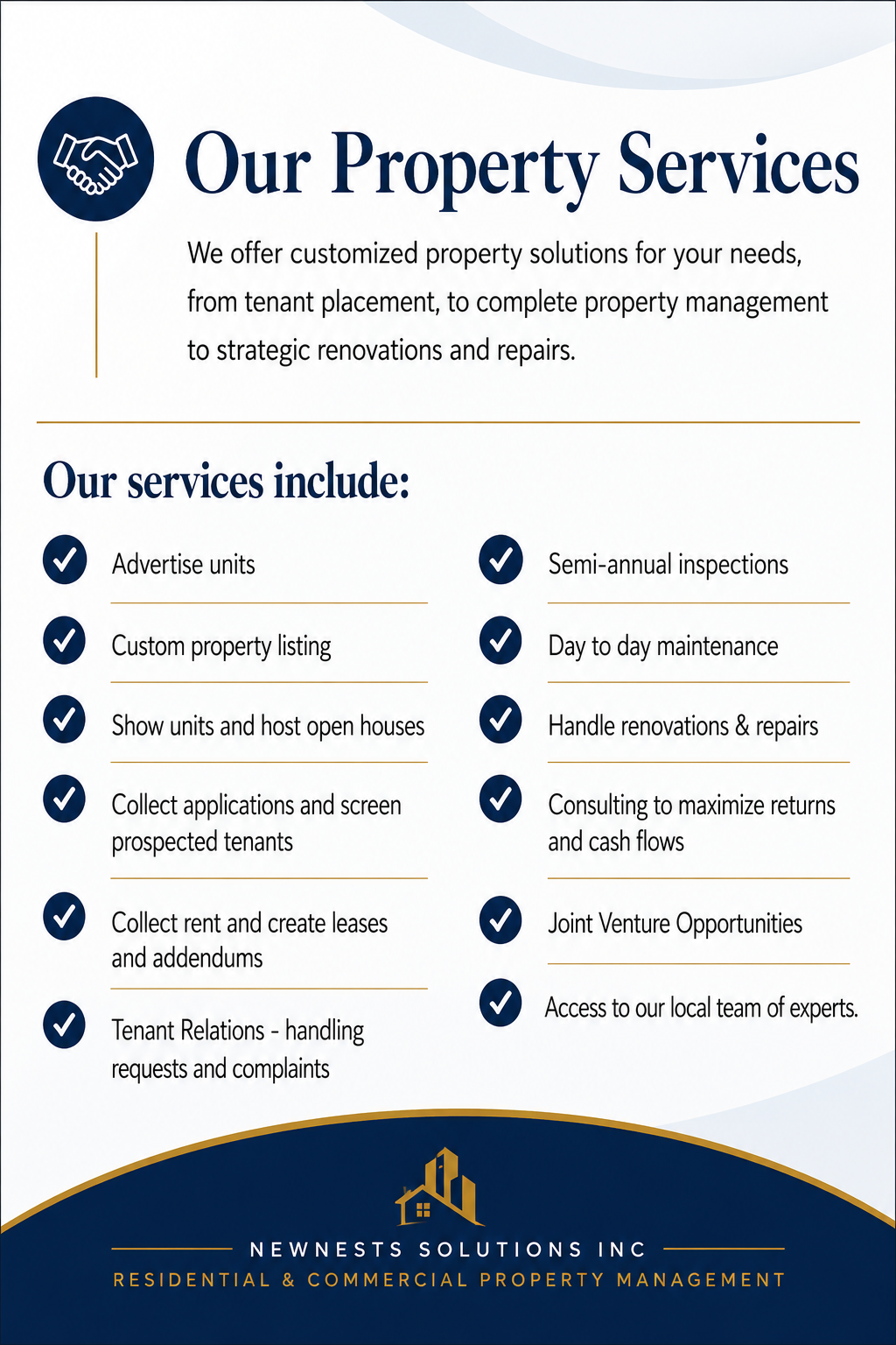 Property management flyer highlighting services like unit advertising, property listings, open houses, tenant screening, rent collection, maintenance, renovations, consulting, joint ventures, and local expert access.