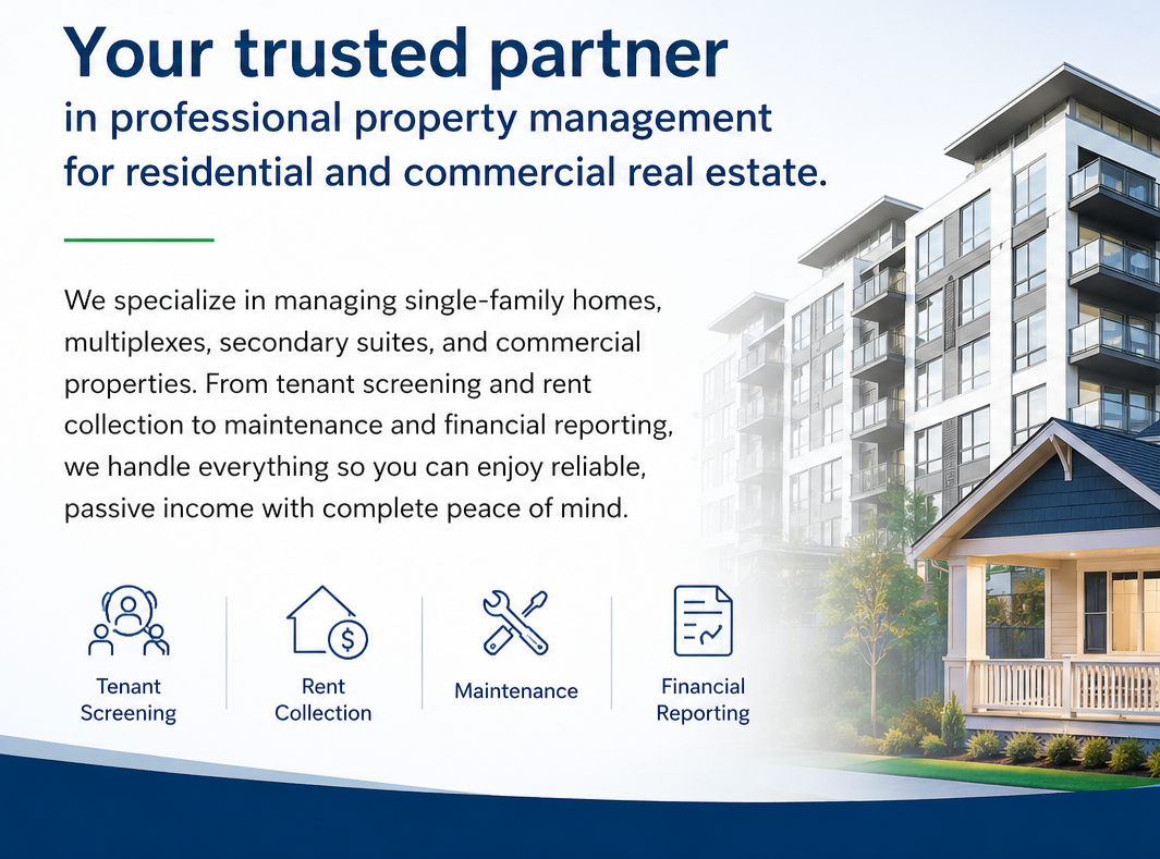 Advertisement for professional property management services featuring residential buildings and icons representing tenant screening, rent collection, maintenance, and financial reporting.