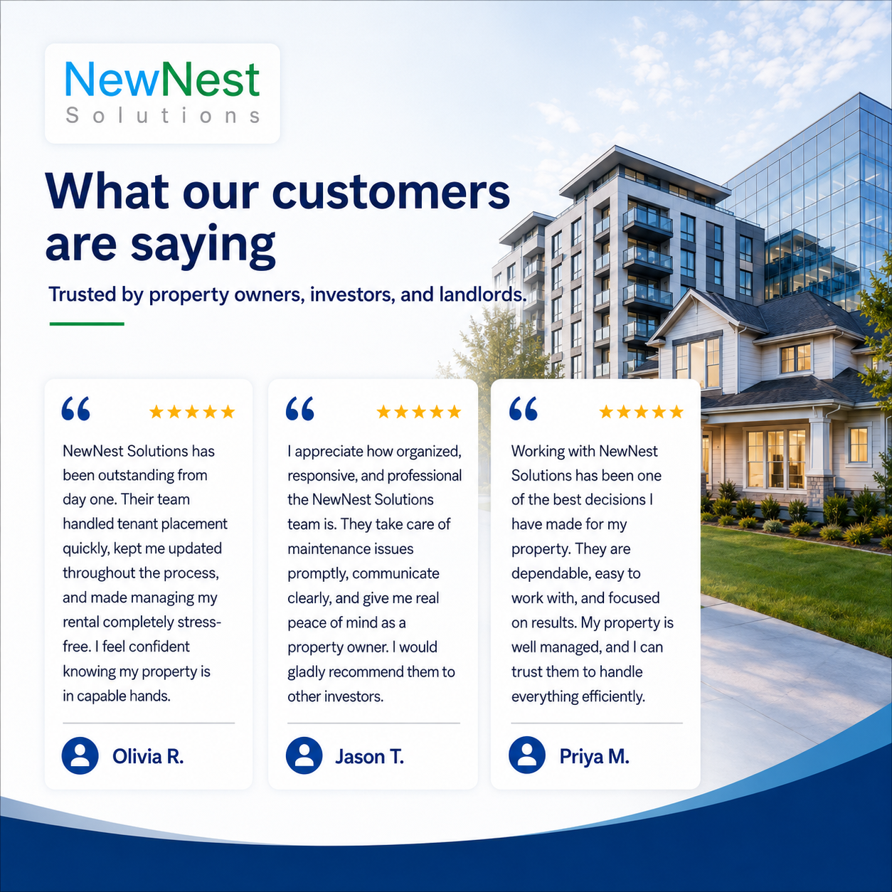 Screenshot of a website for NewNest Solutions featuring customer reviews about property management services, with a background of residential apartment buildings and a clear sky.