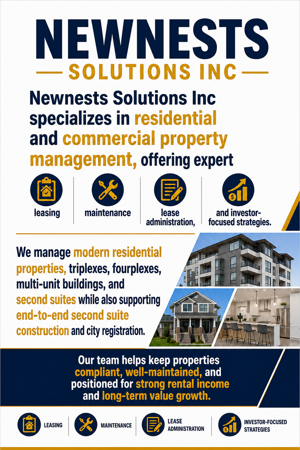 A business flyer for Newnest Solutions Inc. advertising residential and commercial property management services, including leasing, maintenance, lease administration, and investment strategies, with images of multi-unit and single-family homes and a modern kitchen.