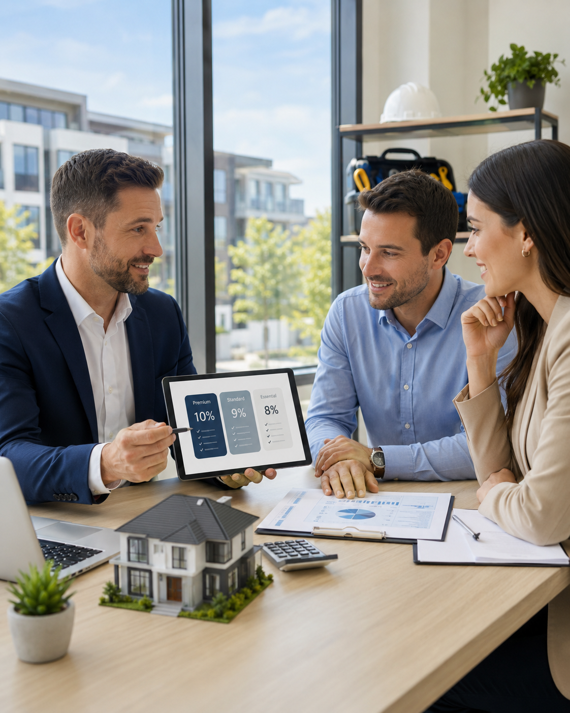 Two men and a woman in a meeting, discussing real estate options, with a scale model of a house on the table, and the man in a suit pointing at a tablet showing insurance plan percentages.