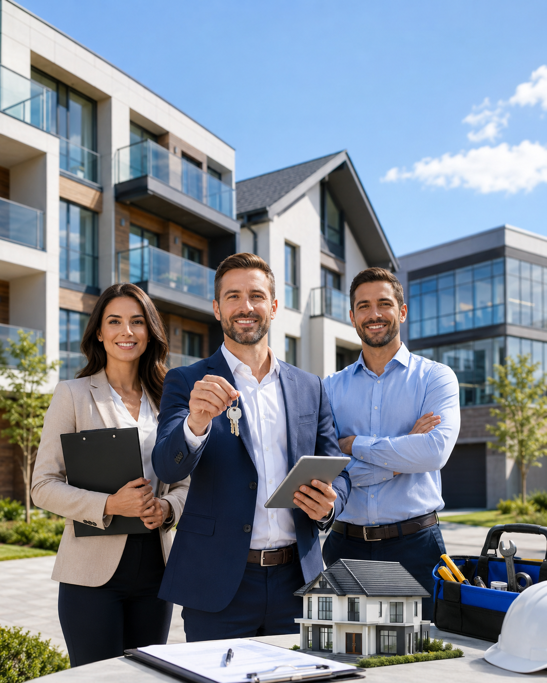 Three real estate agents standing outdoors in front of new apartment buildings, smiling, with one holding keys, a tablet, and one holding a clipboard, and a small house model and construction tools on the table.