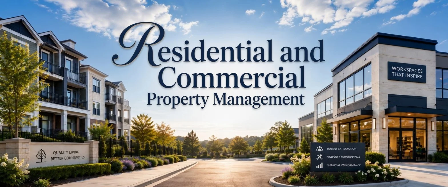 Residential and commercial property management office with landscaped surroundings and modern buildings.