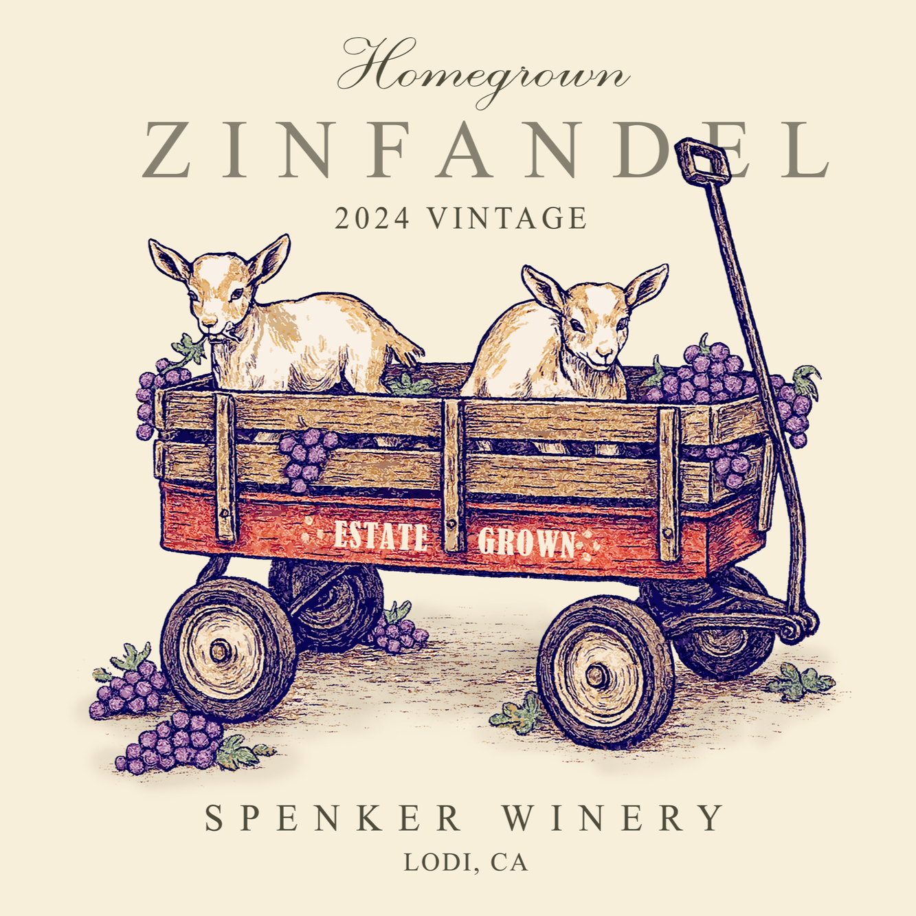 wine label design showing goats in a red wagon with grapes