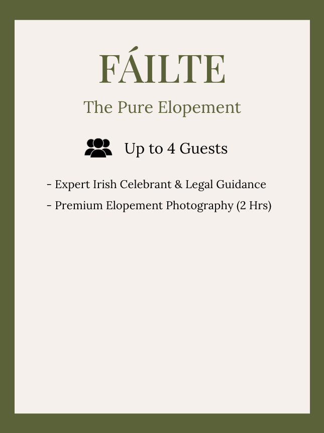 Advertisement for Fáilte The Pure Elopement offering up to 4 guests, featuring Irish celebrant and legal guidance, with premium elopement photography for 2 hours.