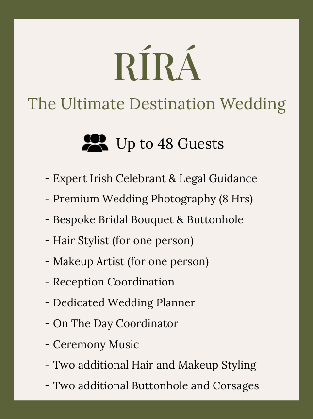 A wedding planning details sheet with a green and white color scheme. It announces the wedding destination 'Rírá,' along with the capacity of up to 48 guests. The services listed include expert Irish celebrant, legal guidance, wedding photography, bridal bouquet, hair and makeup artist, reception coordination, wedding planner, day coordinator, ceremony music, additional hair and makeup styling, and buttonholes and corsages.