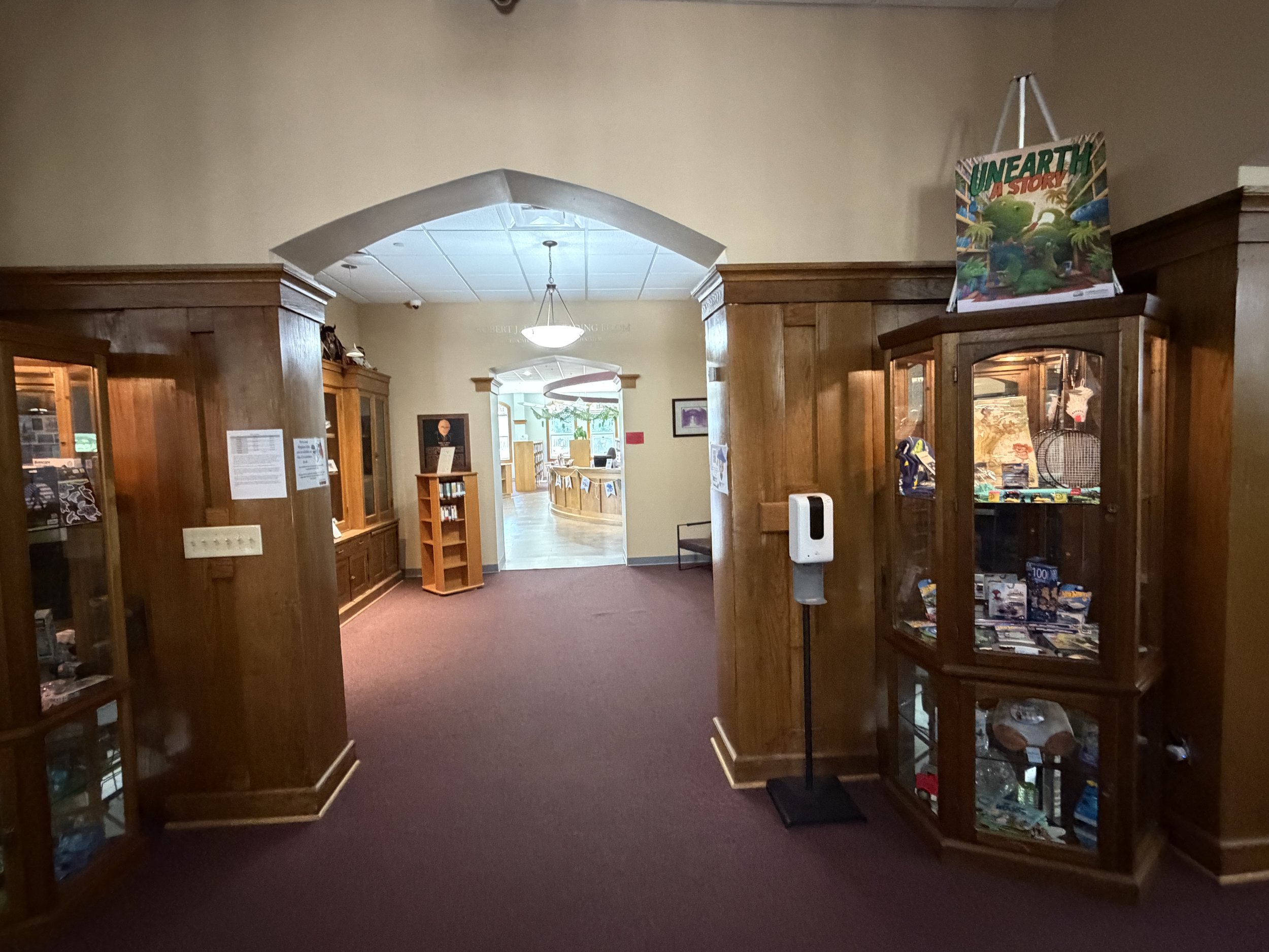 Looking into the Robert J Baker Reading Room in 2026. This area used to be where the circulation desk and librarian's office was from 1915 to 2004.