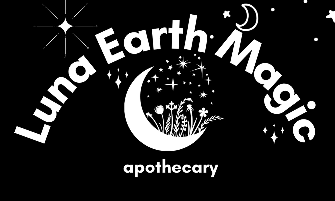 Logo for Luna Earth Magic Apothecary featuring a crescent moon with flowers and stars inside, surrounded by stars, a cloud, and a moon, with the text 'Luna Earth Magic' arches above and 'apothecary' below.