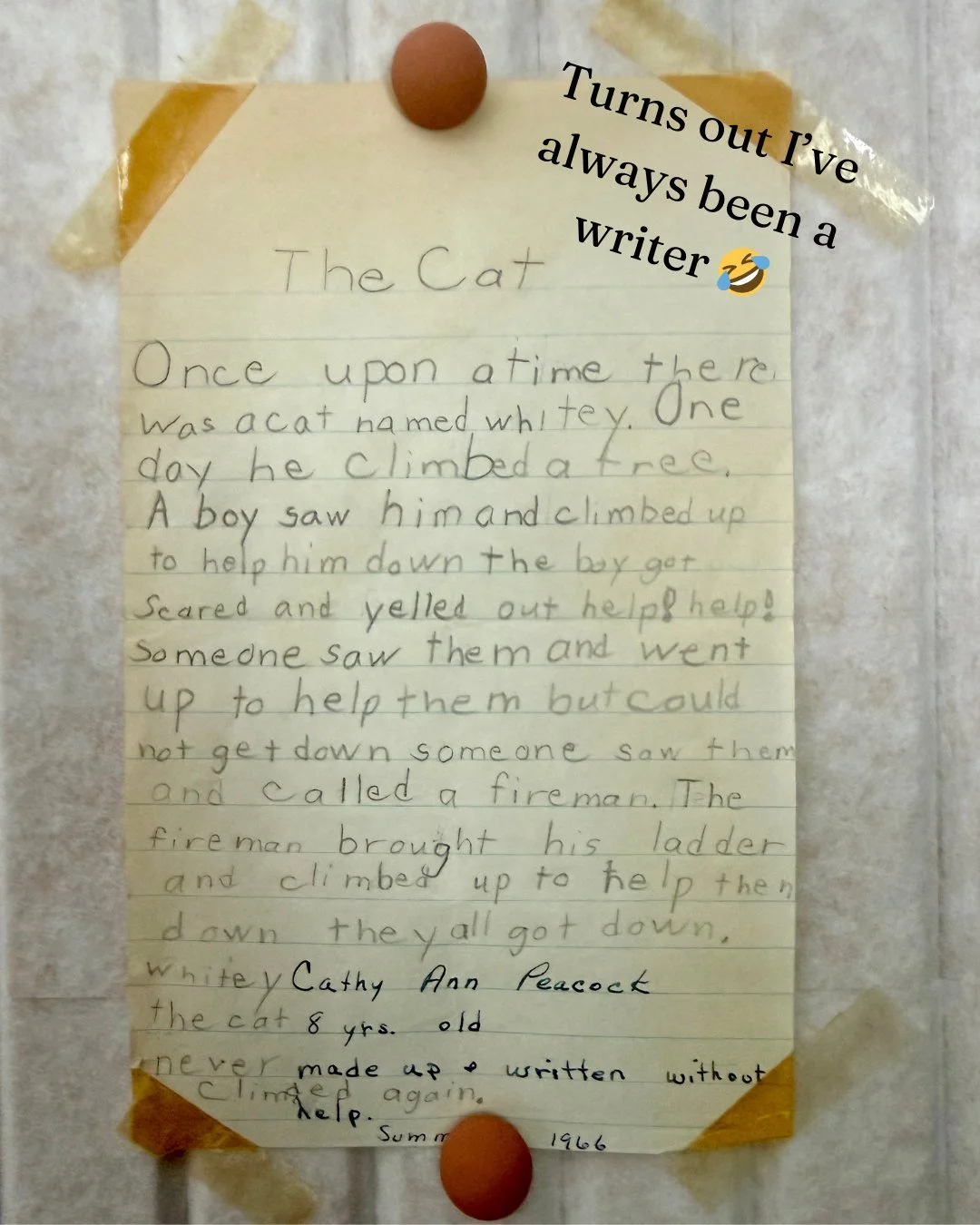 The Story of Whitey the Cat (and the Dreams We Put Away)

In 1966, I was 8 years old at my Grandma Babe's house, writing a story about a cat named Whitey who climbed a tree.

I carried it into the kitchen where my family was gathered, proud and hopef