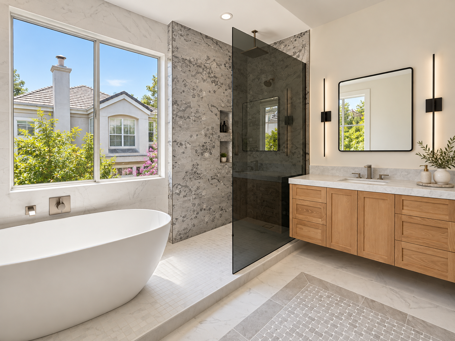 Primary bathroom with a freestanding tub, wood vanity, and large windows.