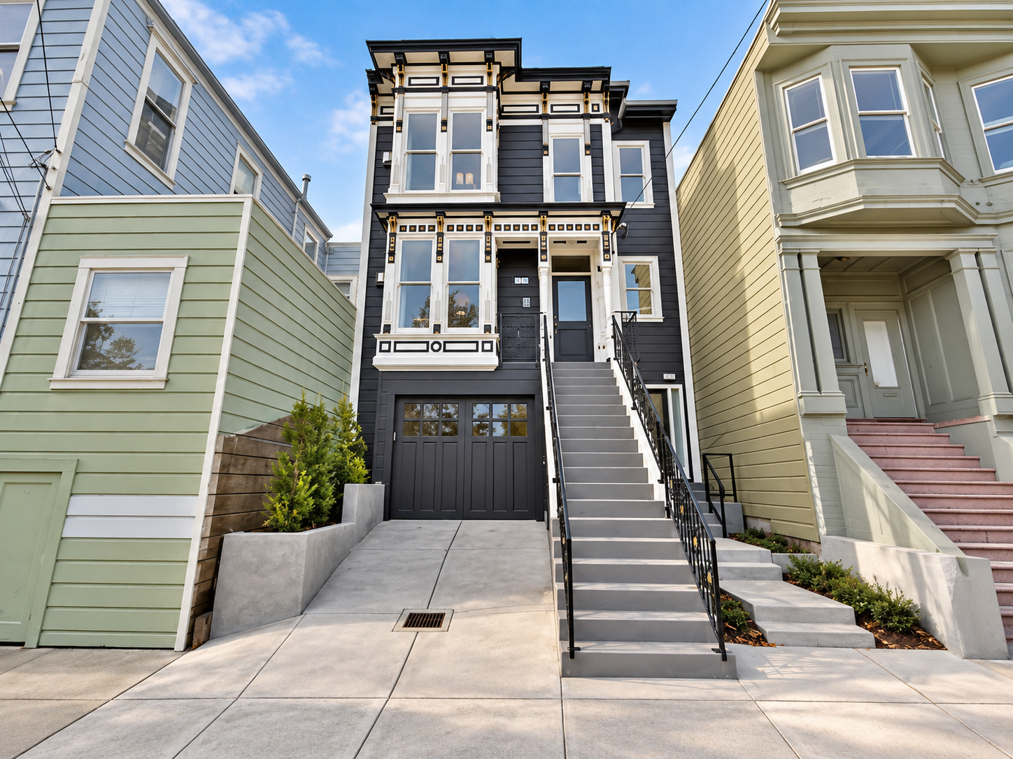 Exterior of a traditional Bay Area home with detailed trim and an elevated entry.