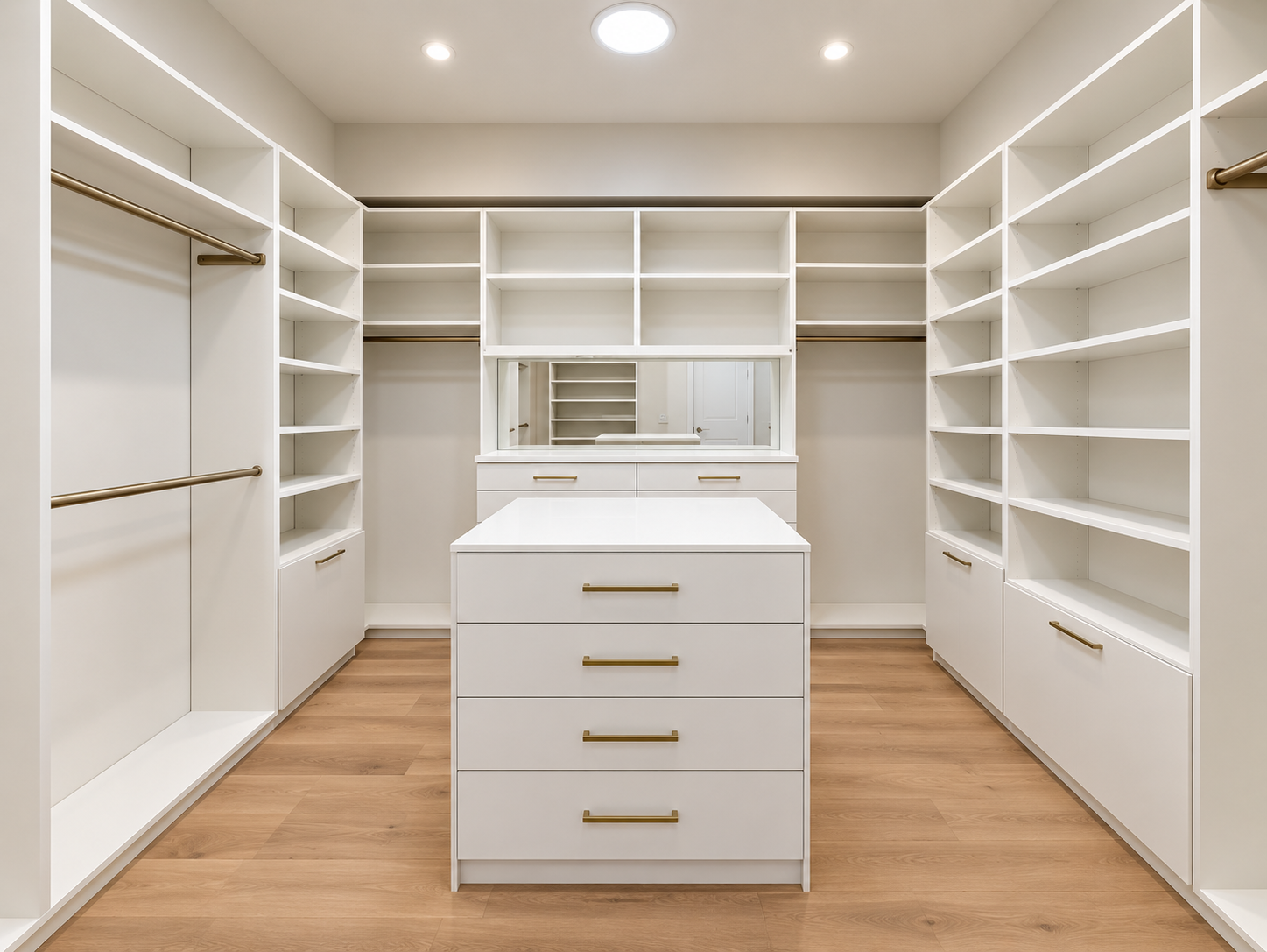 Walk-in closet with white built-in storage and a central drawer island.