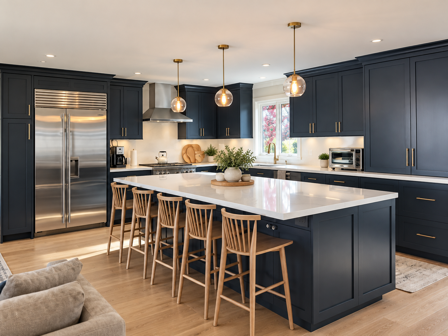 Hillsborough kitchen with dark cabinetry, white island, and pendant lighting