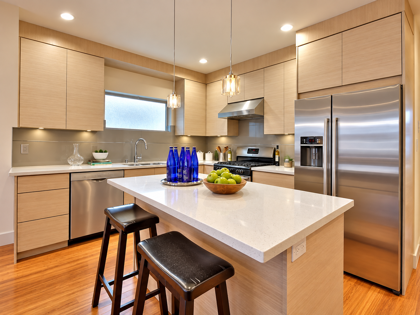 Contemporary kitchen with light wood cabinetry, a white island, and stainless steel appliances.