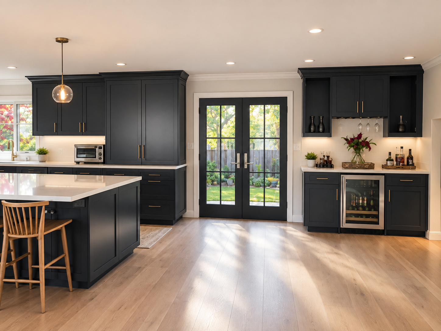 Kitchen and garden-door view with a beverage station and wood floors in Hillsborough.