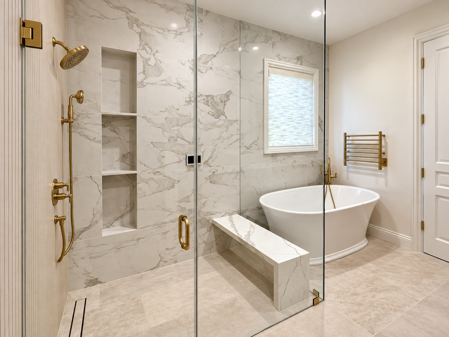 Stone-tiled bathroom with a glass shower enclosure and freestanding bathtub.