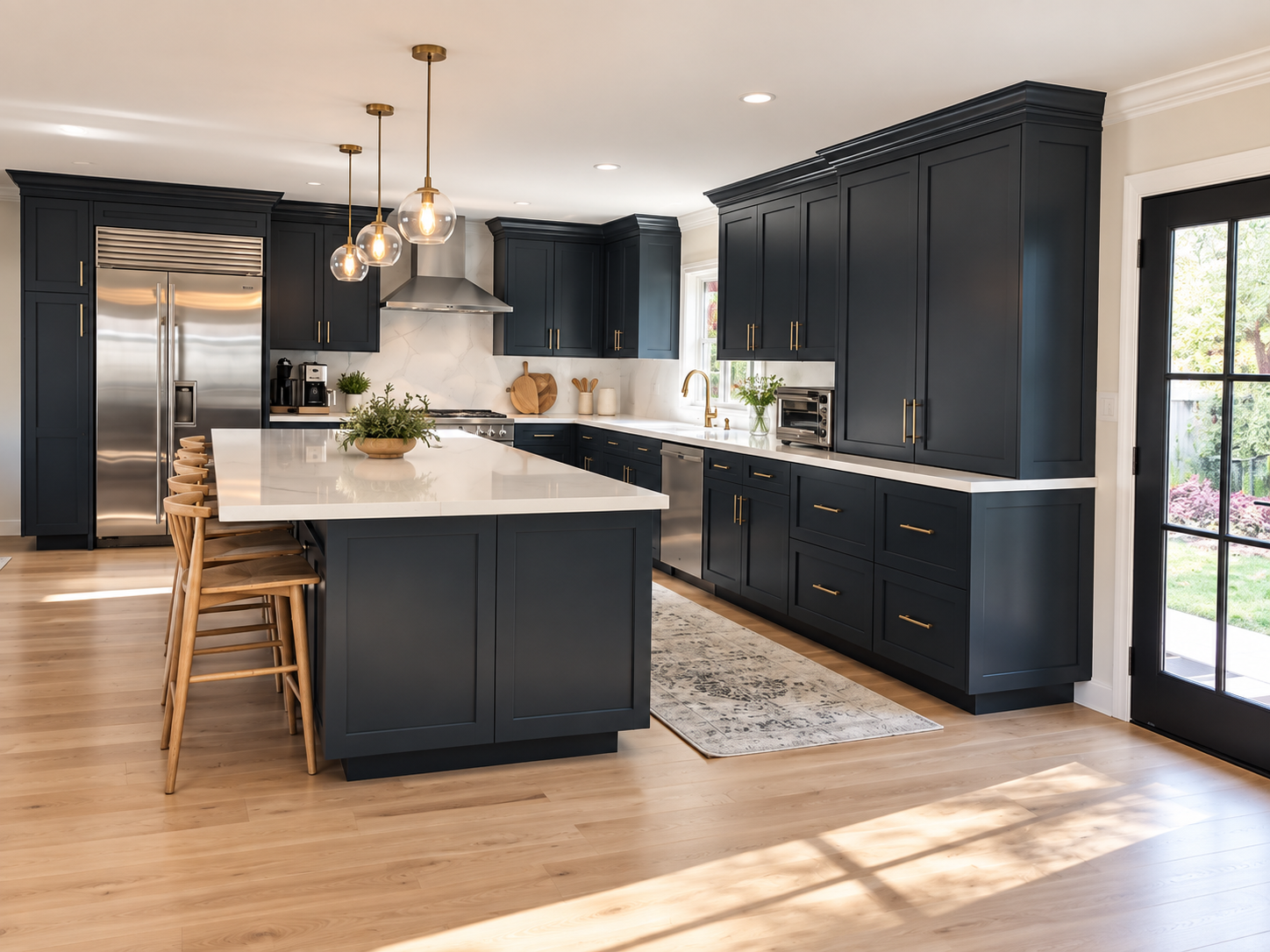 Hillsborough kitchen remodel with dark cabinetry, a white island, pendant lights, and wood flooring.